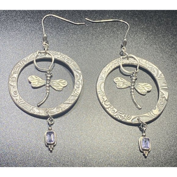 Large 925 Dragonfly Hoop Earrings Dangle Drop Amethyst Etched Fine Insect Unique - Picture 4 of 7